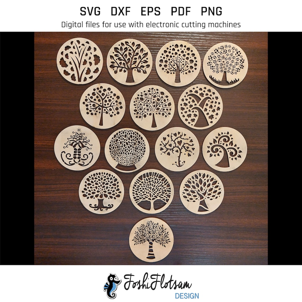 Coaster SVG - Tree coaster SVG bundle image 5 All 15 tree coaster designs shown on one page as digital, stylized coaster SVG files.
