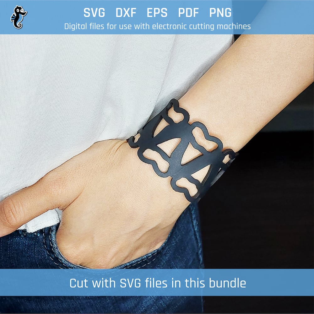 Sea marine SVG bracelet bundle demo 1 Example of shark teeth leather bracelet cut from SVG design file in this bundle.
