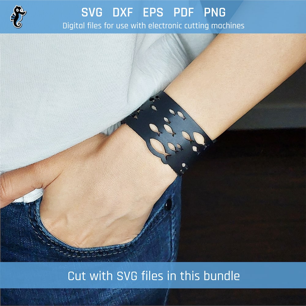 Sea marine SVG bracelet bundle demo 2 Example of fish leather bracelet cut from SVG design file in this bundle.