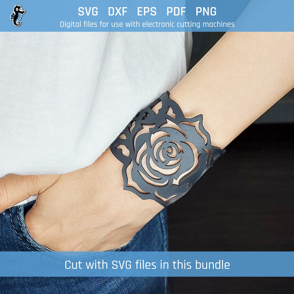 Rose bracelet bundle demo 1 Example of rose leather bracelet cut from SVG design file in this bundle.