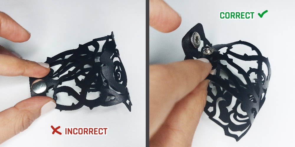 Incorrect way to install snaps If the eyelet and stud are installed in the wrong position, the bracelet will close incorrectly.