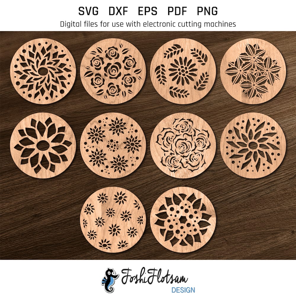 Coaster SVG - Flower SVG coaster bundle image 3 All 10 flower coaster SVG designs shown on one page as digital, stylized coaster SVGs.