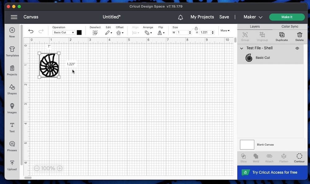 Test file in design space Test file open in design space with dimensions 1 inch by 1.22 inch.