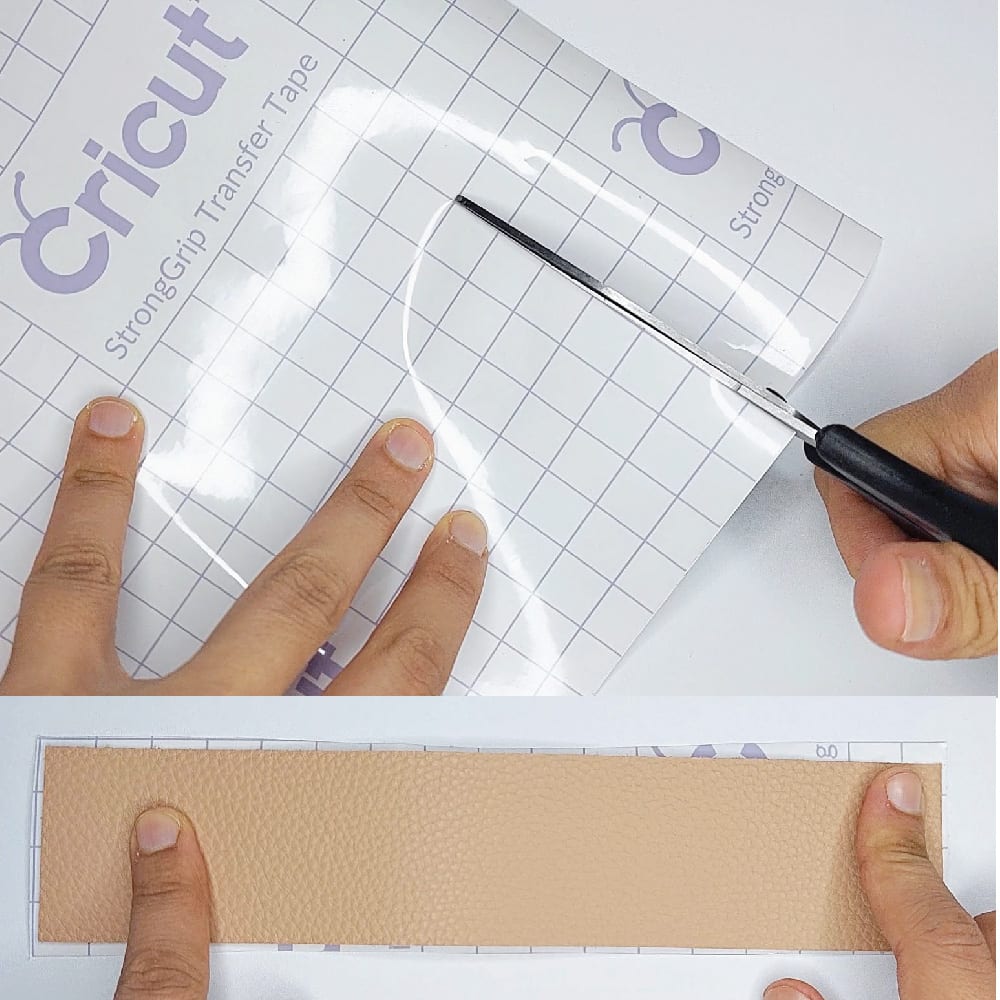 Step 1: Cut the transfer tape Step 1: I cut the transfer tape using scissors to be about 2 mm larger than the piece of leather on all four sides.