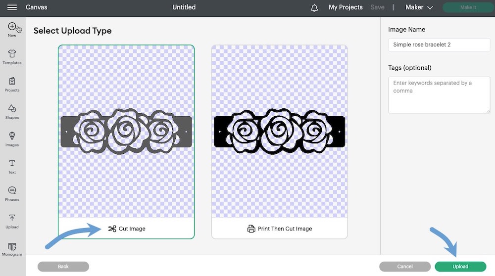Step 1g: Select the Cut Image option and upload Step 1g: I select the Cut Image option and then select Upload.