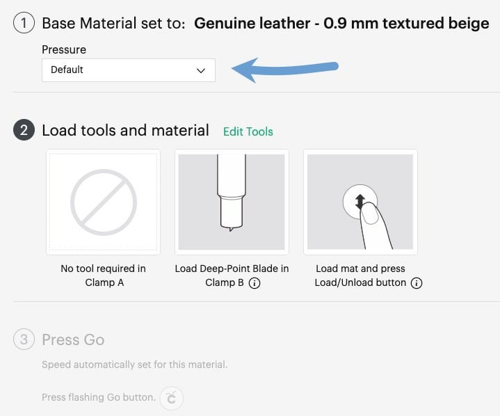 Step 3f: Specify whether you want Less, Default, or More pressure for your cut Step 3f: I specify Default pressure for my cut.