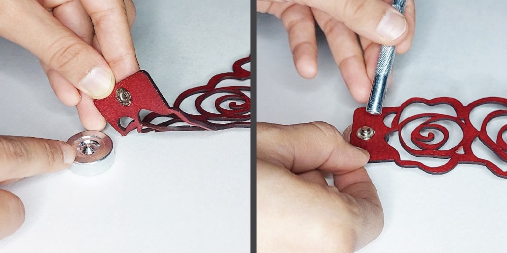 Correct position of components Place the eyelet on the base and position the concave installation tool on the stud.