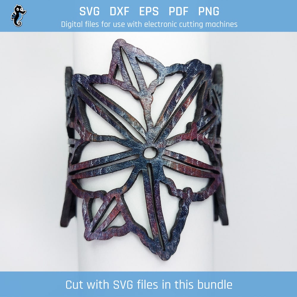 Flower bracelet 2 bundle demo 1 Example of flower bracelet cut from SVG design file in this bundle. Cut from leather and closed using snap closures.