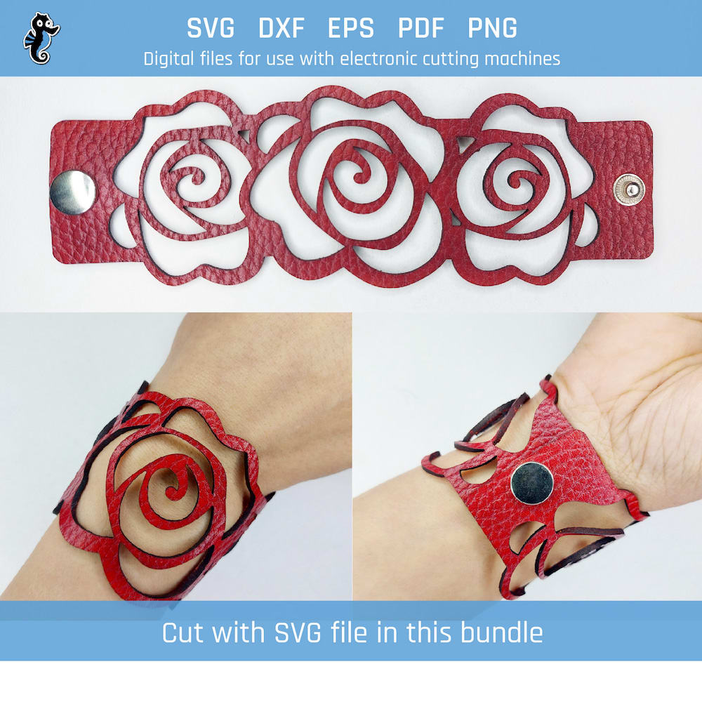 B05 demo 1 Three image showing a laser-cut leather bracelet cut using this design. Features three roses side by side on a bracelet. One image is of the bracelet being worn, one of it lying flat, the second is of it being worn on a wrist top view, the third is of it being worn on a wrist with the snap fastener side visible. Colour is red.
