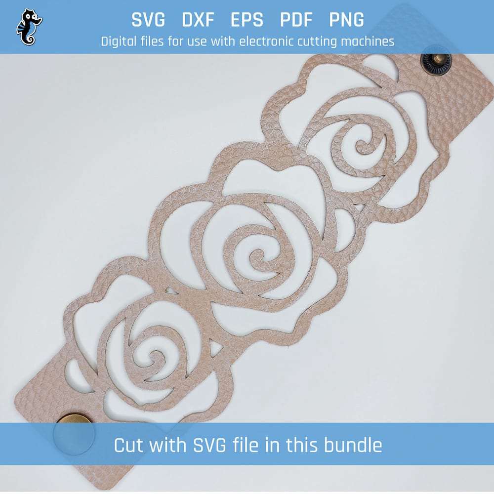 S05 demo 4 Example of a bracelet cut from this SVG design file. The bracelet is laid flat on a white surface with three roses assembled side by side on a bracelet that is cut using a Cricut cutting machine, closed with snap fasteners. Colour is beige.