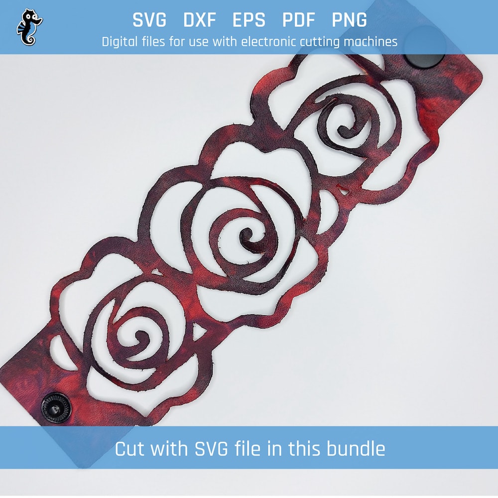 S05 demo 3 Example of a bracelet cut from this SVG design file. The bracelet has three roses assembled side by side on a bracelet that is cut using a Cricut cutting machine, and is being worn around a wrist. Closed with snap fasteners. Colour is red and purple.