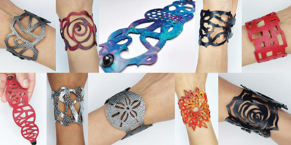 Cricut bracelet DIY overview: Example bracelets Examples of leather bracelets cut with the Cricut machine's deep-point blade.