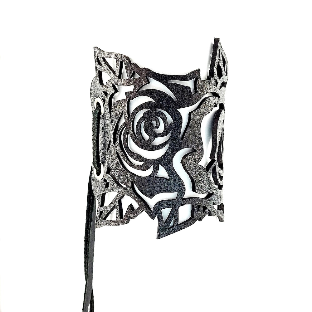 Adjustable rose leather cuff bracelet black 8