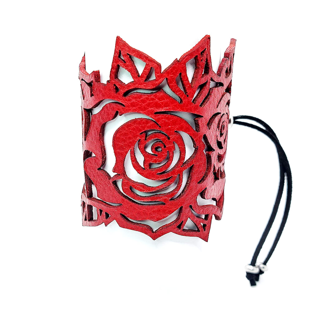 Adjustable rose leather cuff bracelet red 10