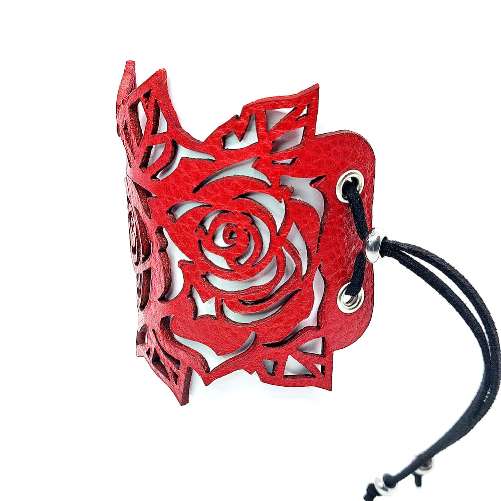 Adjustable rose leather cuff bracelet red 1