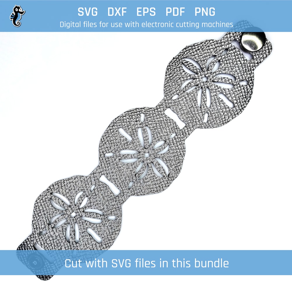 Sea bracelet bundle demo 5 silver sand dollar Example of sand dollar bracelet cut from SVG design file in this bundle. Cut using Cricut machine. Flat against a white background.