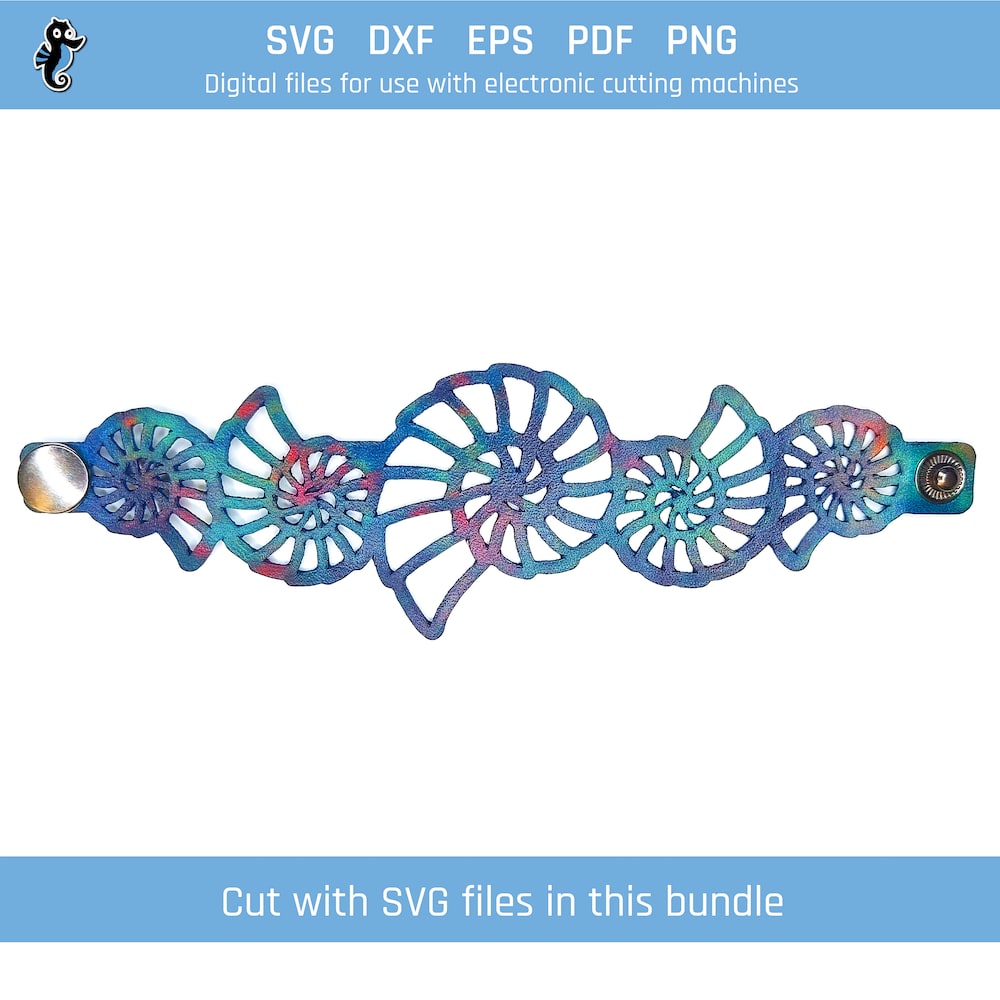 Sea bracelet bundle demo 4 shells cricut Example of sea shell bracelet cut from SVG design file in this bundle. Cut using Cricut machine. Flat against a white background.