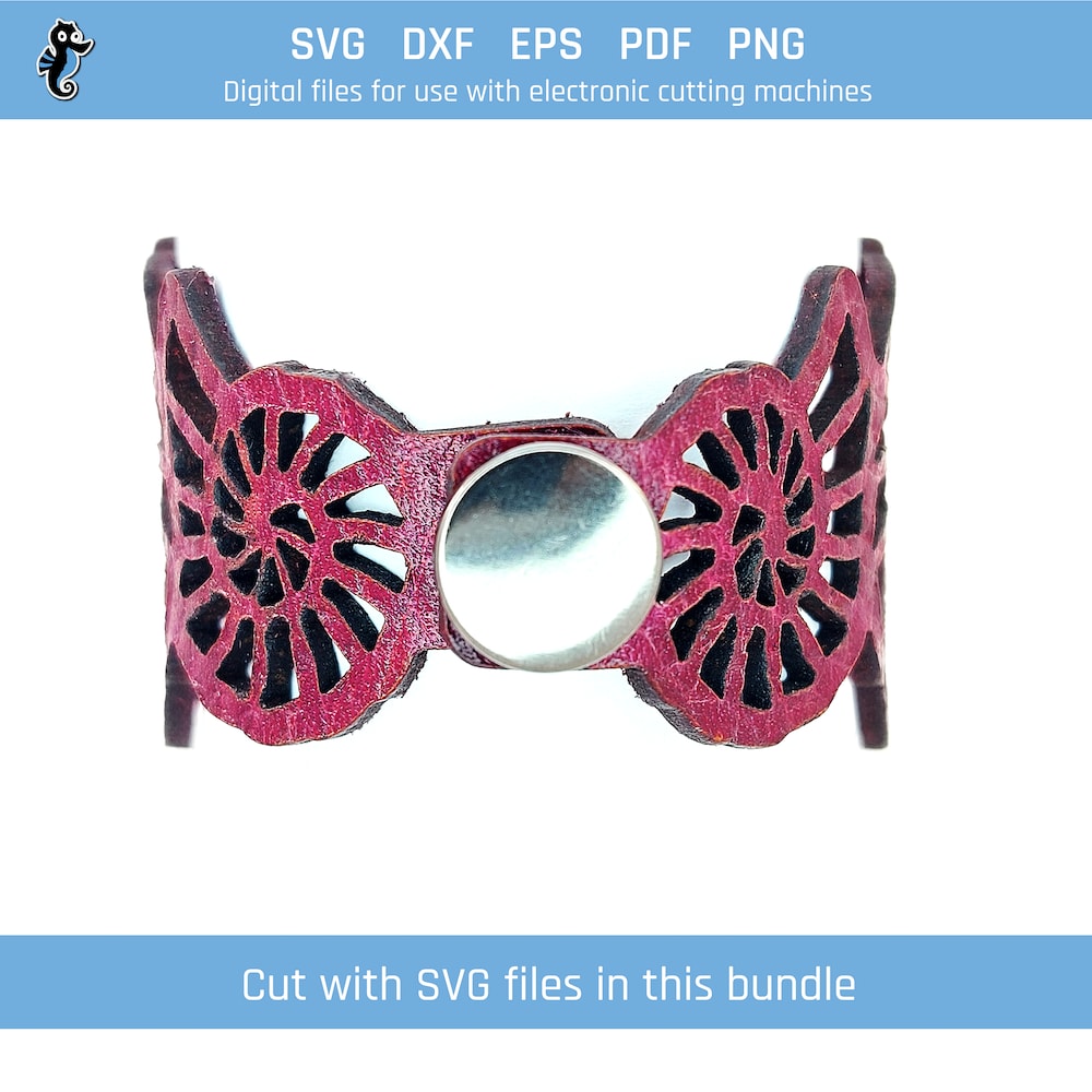 Sea bracelet bundle demo 8 purple shells Example of purple sea shell bracelet cut from SVG design file in this bundle. Cut using Cricut machine. View of snap closure.