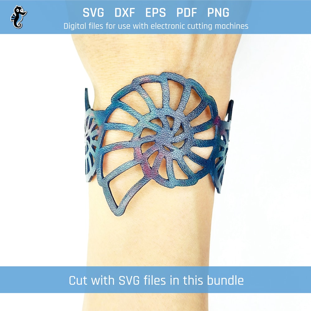 Sea bracelet bundle demo 3 shells cricut Example of sea shell bracelet cut from SVG design file in this bundle. Cut using Cricut machine. Worn on wrist.
