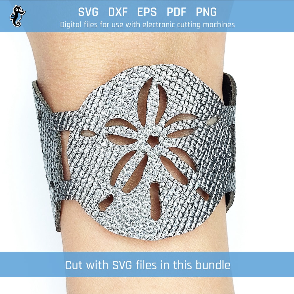 Sea bracelet bundle demo 6 silver sand dollar Example of sand dollar bracelet cut from SVG design file in this bundle. Cut using Cricut machine. Worn on wrist.