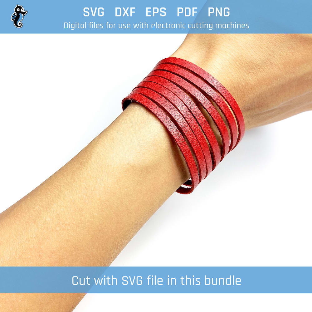 S23 Demo 1 Example of a bracelet cut from this SVG design file. The bracelet has 7 strands that can be braided to create a mystery braid pattern. This image shows the unbraided version in red, cut using a Cricut cutting machine, and worn around a wrist. Closed with snap fasteners.