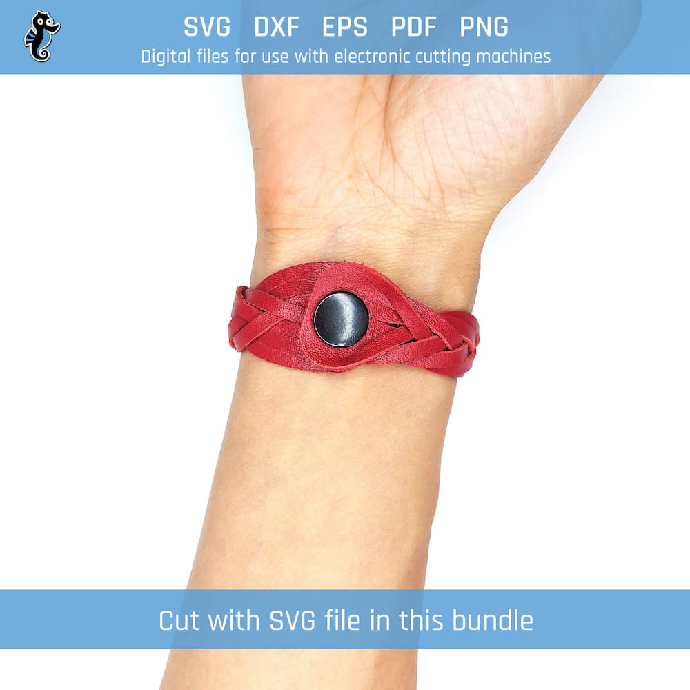 S23 demo 3 Example of a bracelet cut from this SVG design file. The bracelet has 7 strands that can be braided to create a mystery braid pattern. This image shows the braided version in red with a view of the snap fastener on the back. The bracelet was cut using a Cricut cutting machine, and is being worn around a wrist.