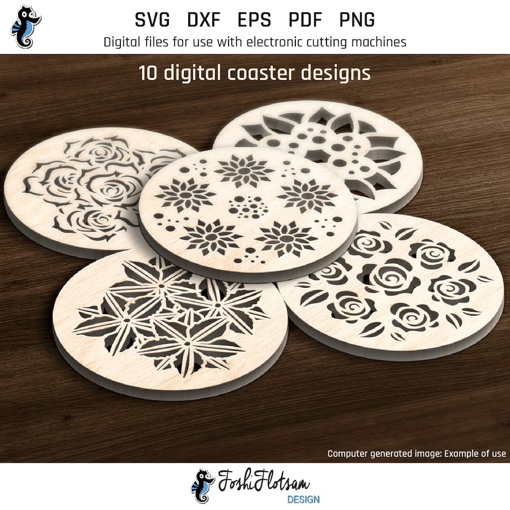 Coaster SVG - Flower SVG coaster bundle image 1 First 5 of 10 flower coasters included in this coaster SVG bundle.