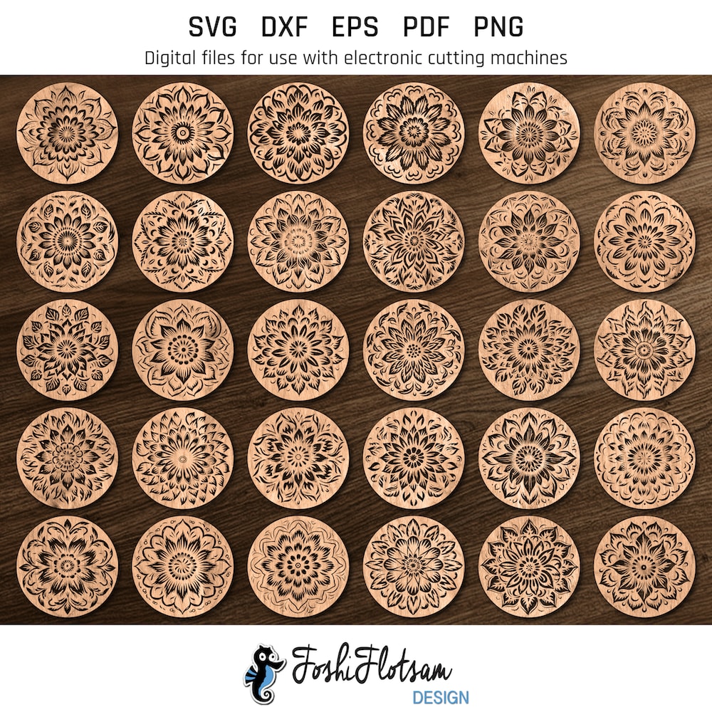 Coaster SVG - Flower SVG coaster bundle 2 image 7 All 30 flower coaster SVG designs shown on one page as digital, stylized coaster SVGs.