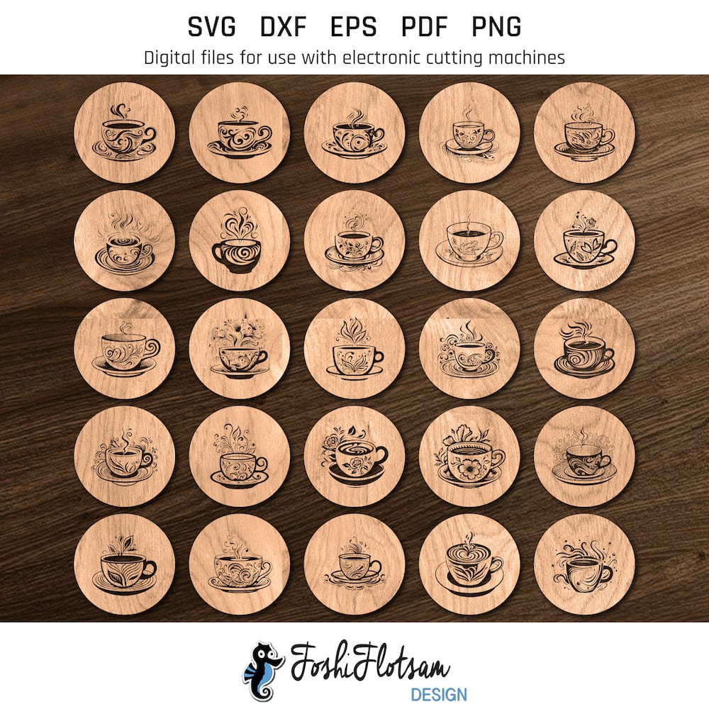 Coaster SVG - Tea coaster SVG bundle image 6 All 25 tea coaster SVG designs shown on one page as digital, stylized coaster SVGs.