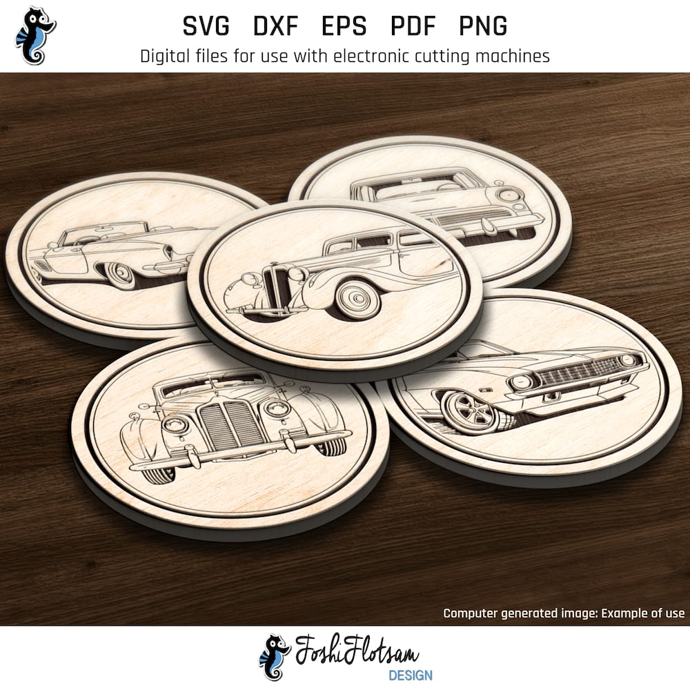 Coaster SVG - Retro car coaster SVG bundle image 3 Third 5 of 20 retro car coaster SVGs included in this coaster SVG bundle.