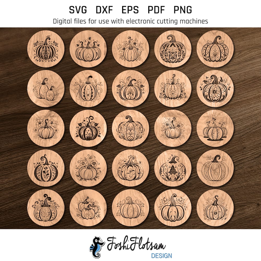 Coaster SVG - Halloween pumpkin coaster SVG bundle image 6 All 25 Halloween pumpkin coaster SVG designs shown on one page as digital, stylized coaster SVGs.
