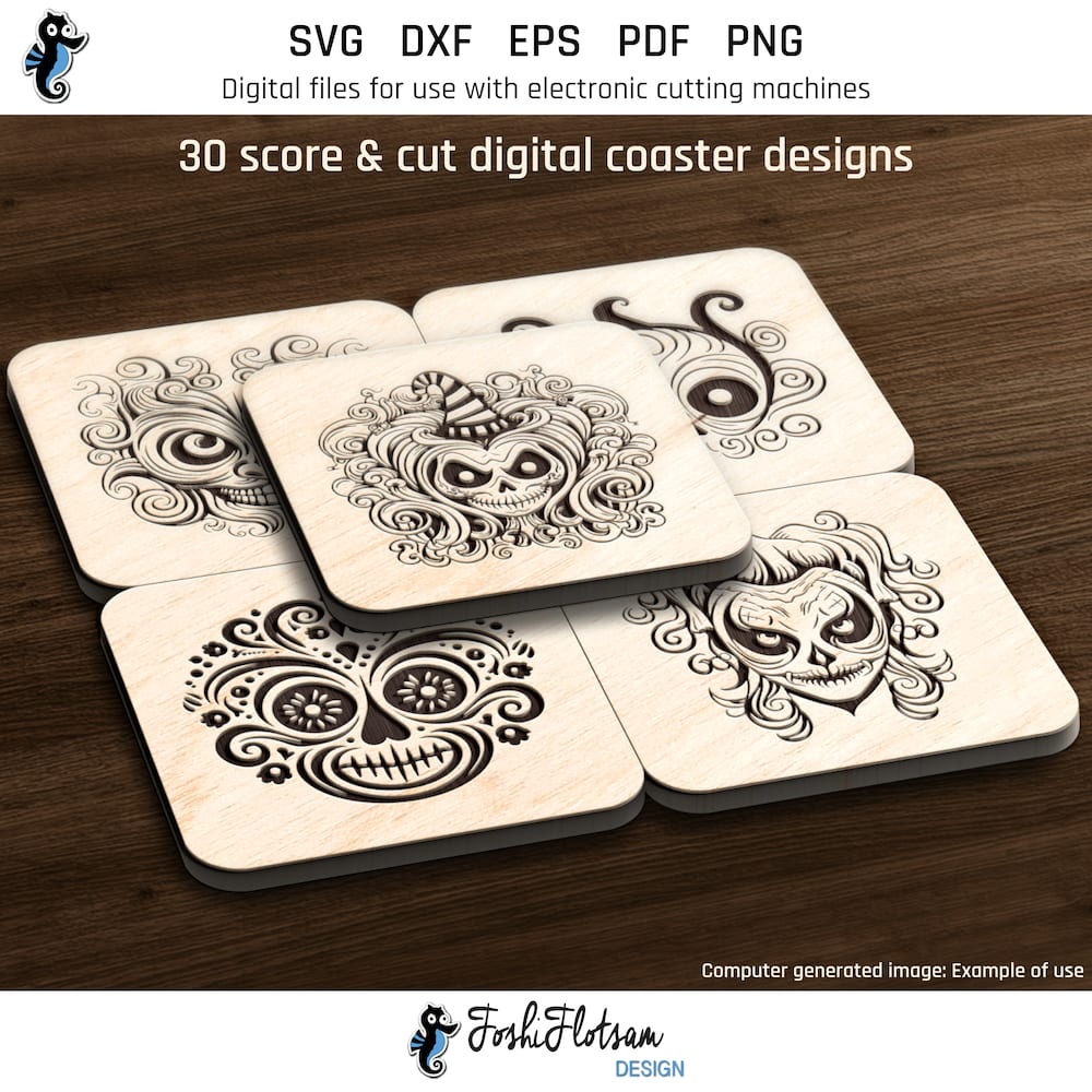 Coaster SVG - Halloween mask SVG coaster bundle image 1 First 5 of 30 Halloween mask coasters included in this coaster SVG bundle.