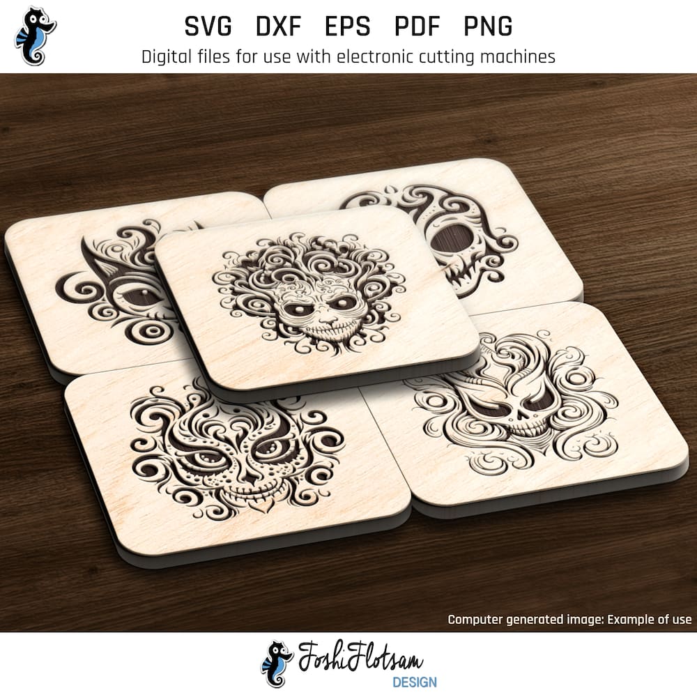 Coaster SVG - Halloween mask SVG coaster bundle image 3 Third 5 of 30 Halloween mask coasters included in this coaster SVG bundle.