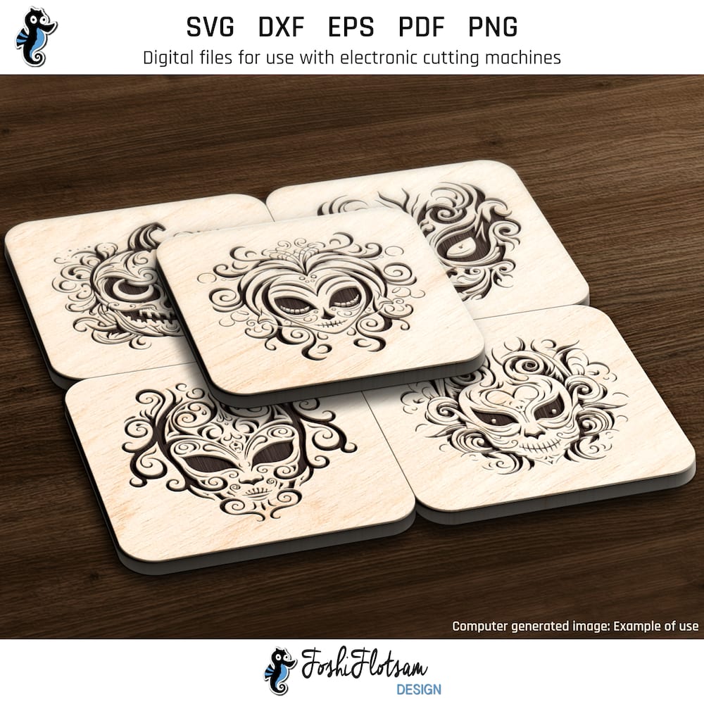 Coaster SVG - Halloween mask SVG coaster bundle image 6 Sixth 5 of 30 Halloween mask coasters included in this coaster SVG bundle.