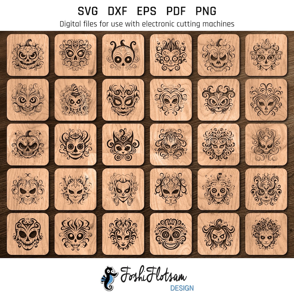 Coaster SVG - Halloween mask SVG coaster bundle image 7 All 30 Halloween mask coaster SVG designs shown on one page as digital, stylized coaster SVGs.