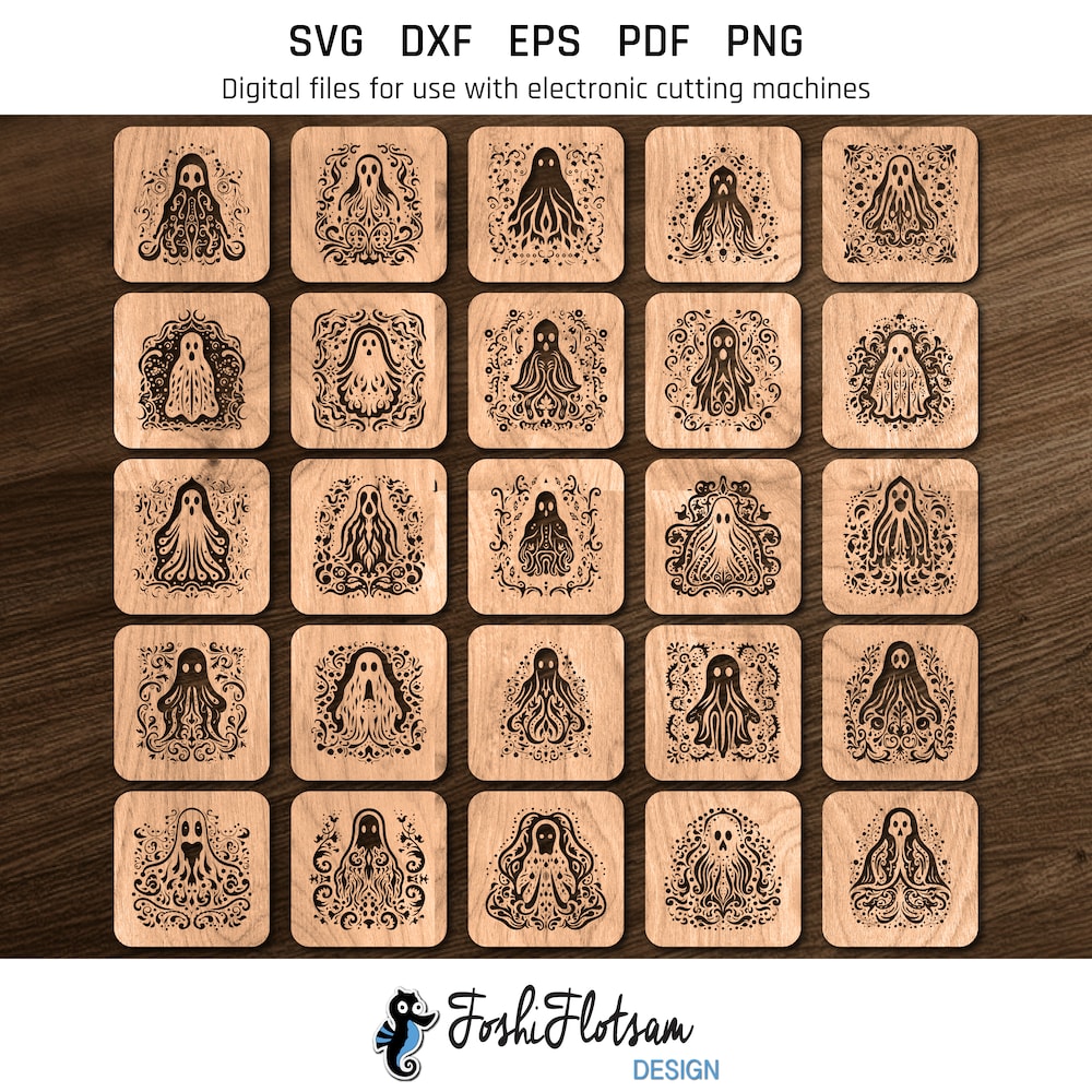 Coaster SVG - Halloween ghost SVG coaster bundle image 6 All 25 Halloween ghost coaster SVG designs shown on one page as digital, stylized coaster SVGs.