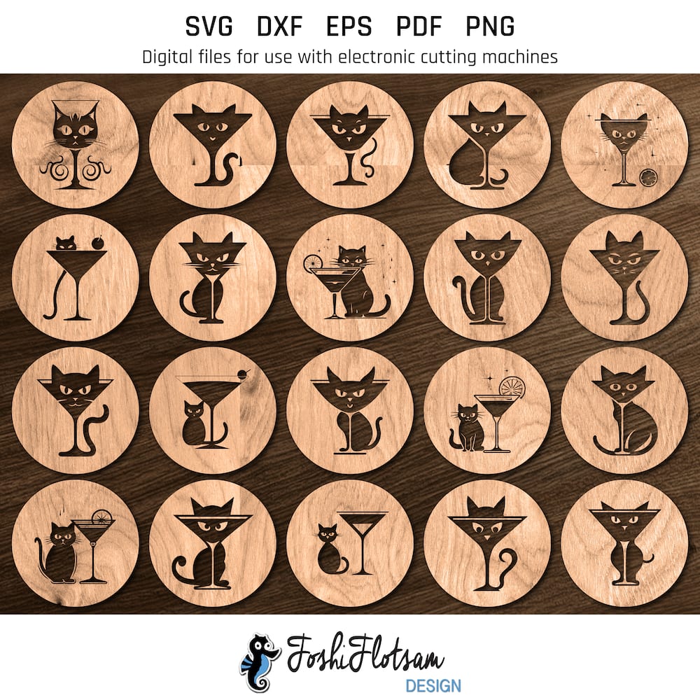 Coaster SVG - Cat & cocktail coaster SVG bundle image 5 All 20 Cat & cocktail SVG designs shown on one page as digital, stylized coaster SVGs.