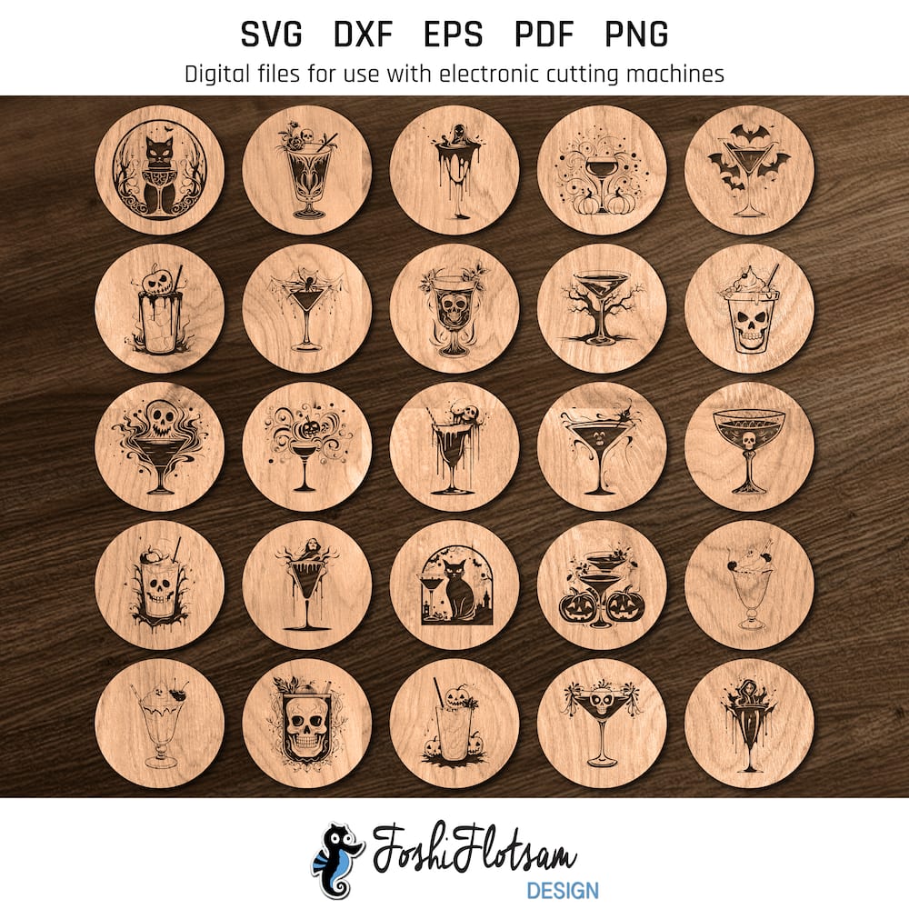 Coaster SVG - Halloween cocktail SVG coaster bundle image 6 All 25 Halloween cocktail coaster SVG designs shown on one page as digital, stylized coaster SVGs.