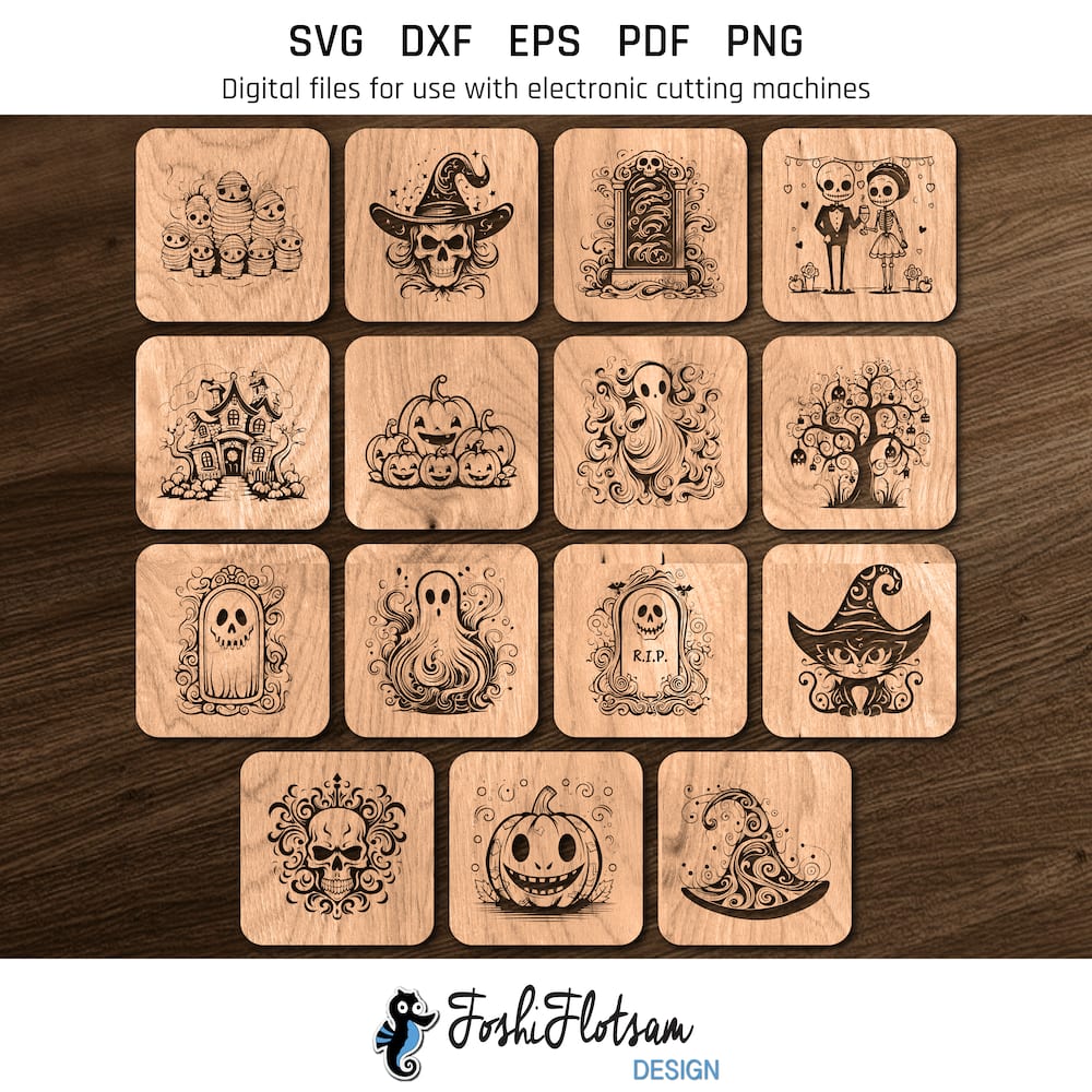 Coaster SVG - Halloween SVG coaster bundle image 4 All 15 Halloween coaster SVG designs shown on one page as digital, stylized coaster SVGs.