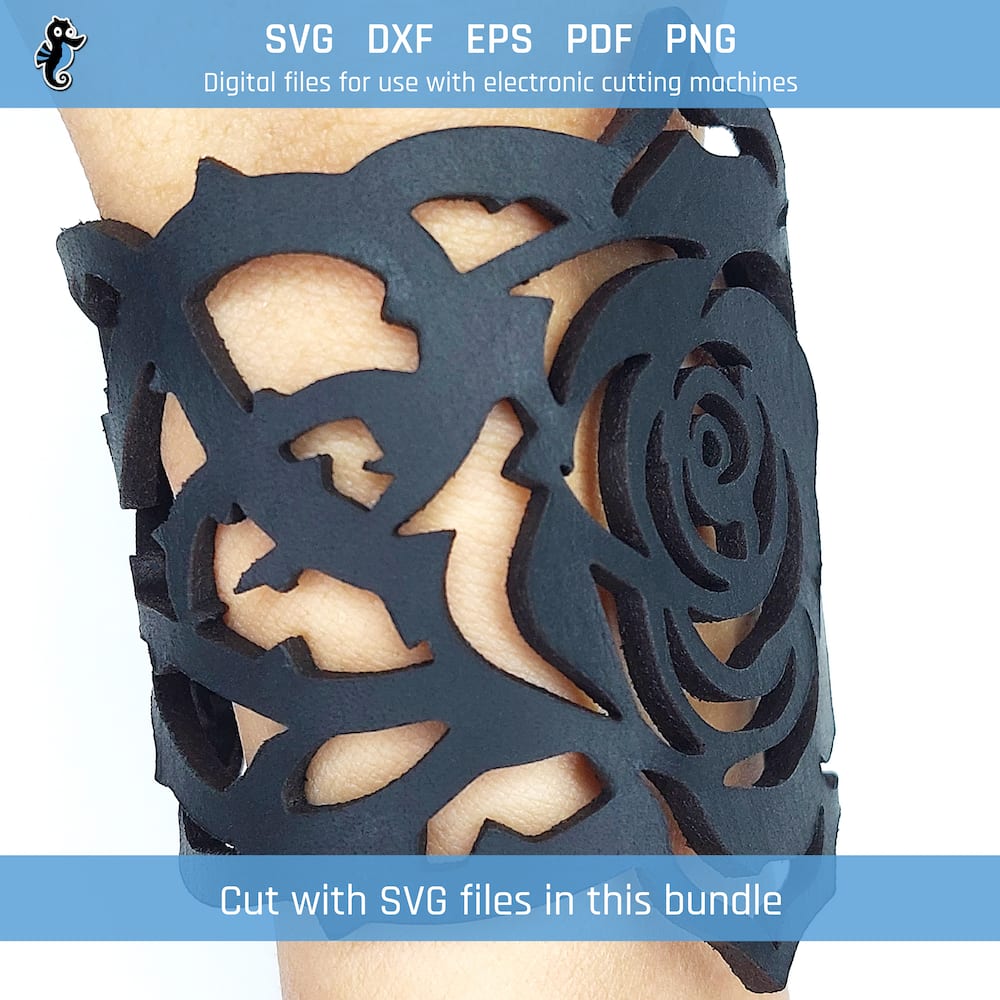 Rose bracelet bundle demo 5 Example of rose leather bracelet cut from SVG design file in this bundle.
