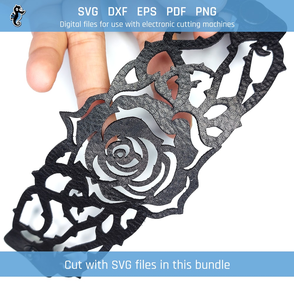 Rose bracelet bundle demo 2 Example of rose leather bracelet cut from SVG design file in this bundle.