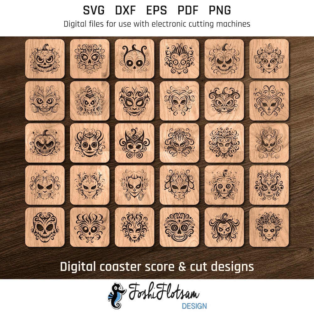 Coaster SVG - Halloween mask coaster SVG designs 30 Halloween mask coaster SVG designs shown on one page as digital, stylized coaster SVGs.
