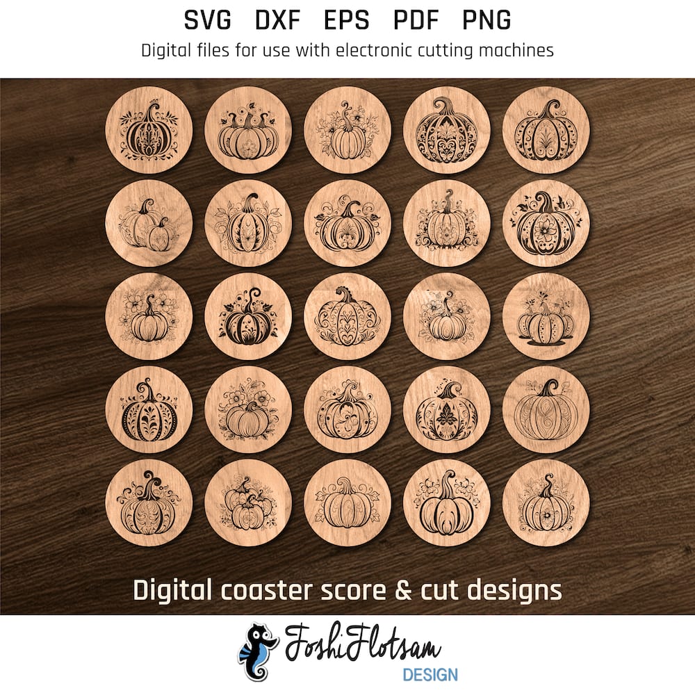 Coaster SVG - Halloween pumpkin coaster SVG designs 25 Halloween pumpkin coaster SVG designs shown on one page as digital, stylized coaster SVGs.