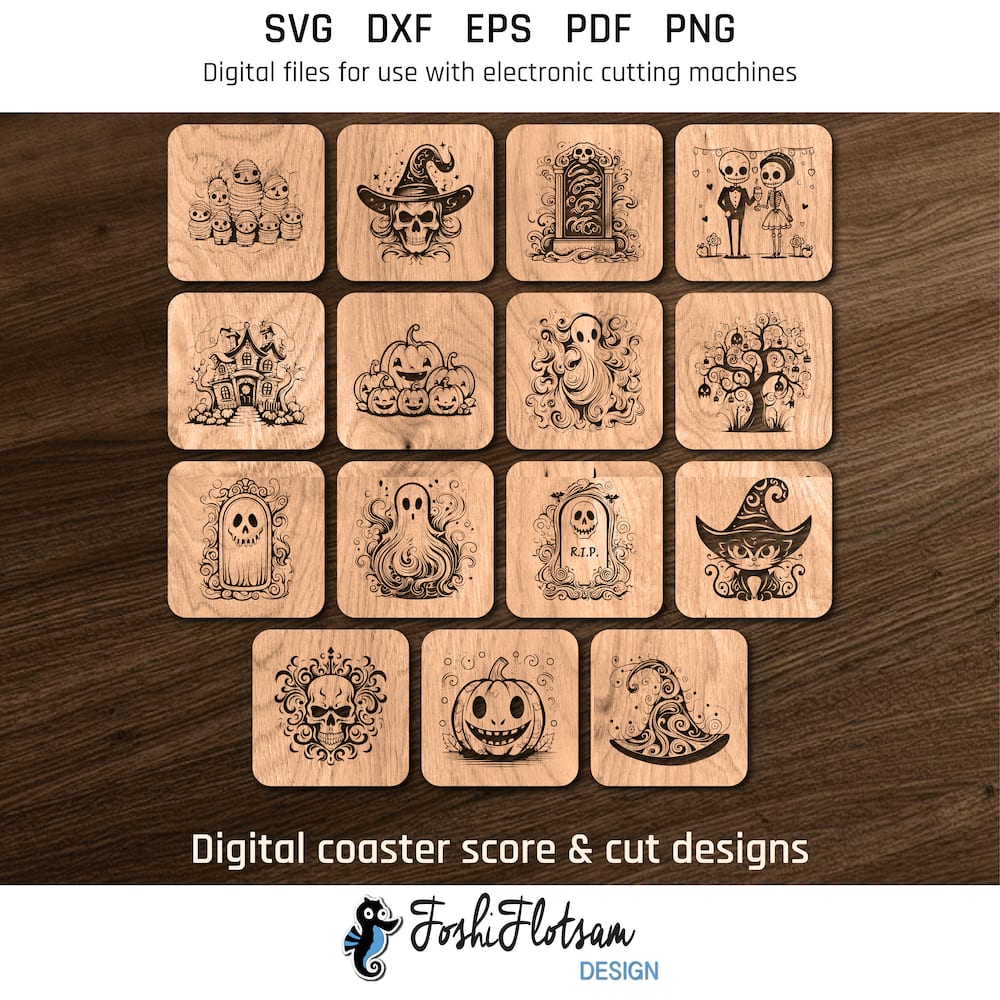 Coaster SVG - Halloween coaster SVG designs 15 Halloween coaster SVG designs shown on one page as digital, stylized coaster SVGs.