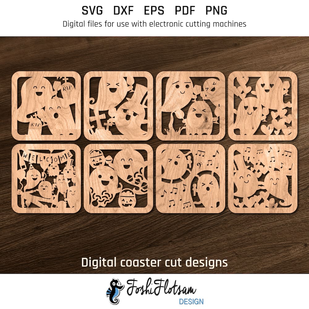 Coaster SVG - Halloween ghost coaster SVG cut designs 8 Halloween ghost coaster SVG cut designs shown on one page as digital, stylized coaster SVGs.