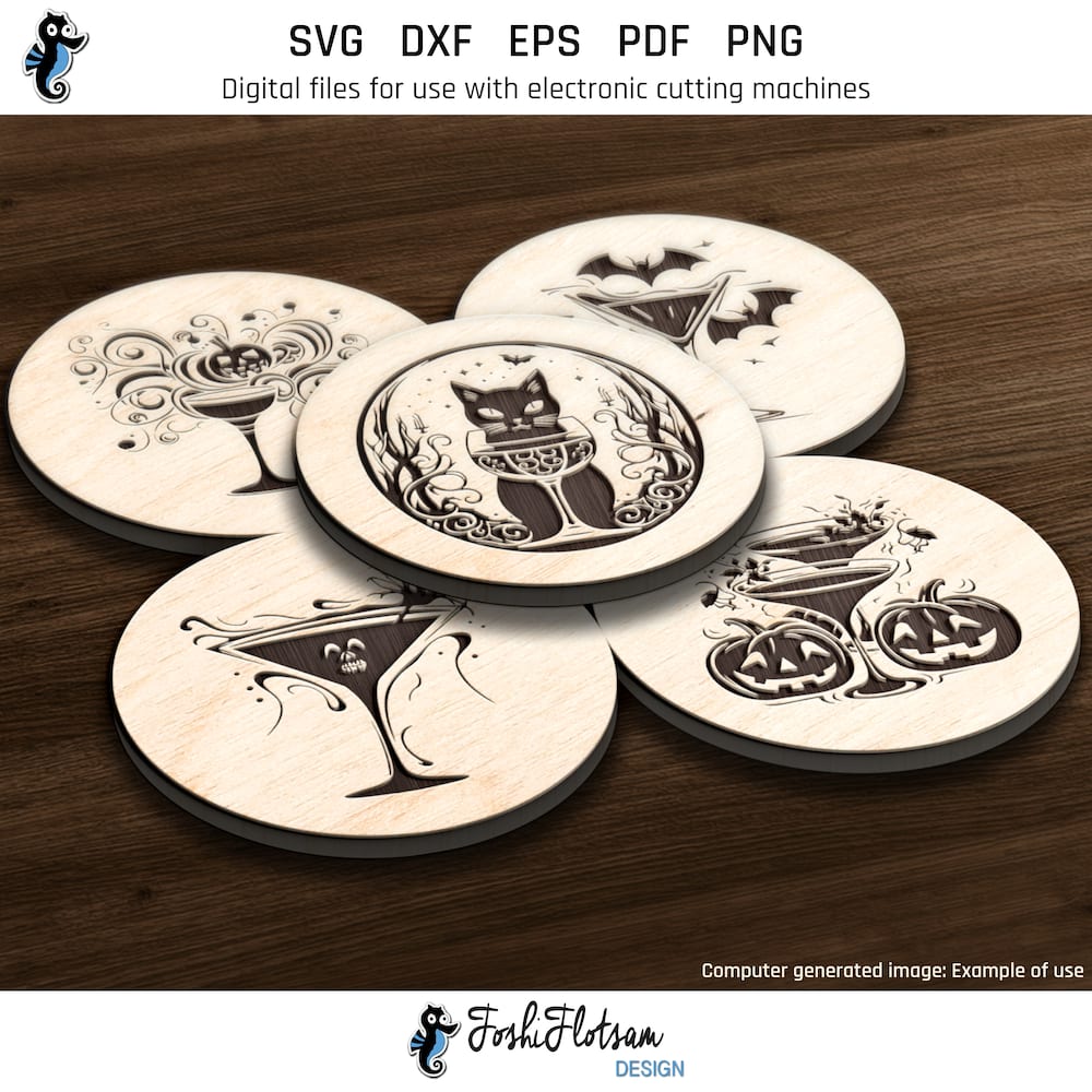 Coaster SVG - Halloween cocktail SVG coaster set An example of 5 laser-engraved Halloween cocktail coasters included in this coaster SVG bundle.