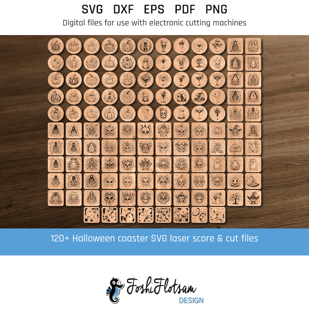 Coaster SVG - 128 Halloween coaster SVG bundle All 128 different coaster SVG cut files in 128 unique Halloween-themed laser-cut and laser-engrave designs against a wood background, including designs featuring ghosts, masks, Halloween cocktails, pumpkins, skeletons, and black cats.