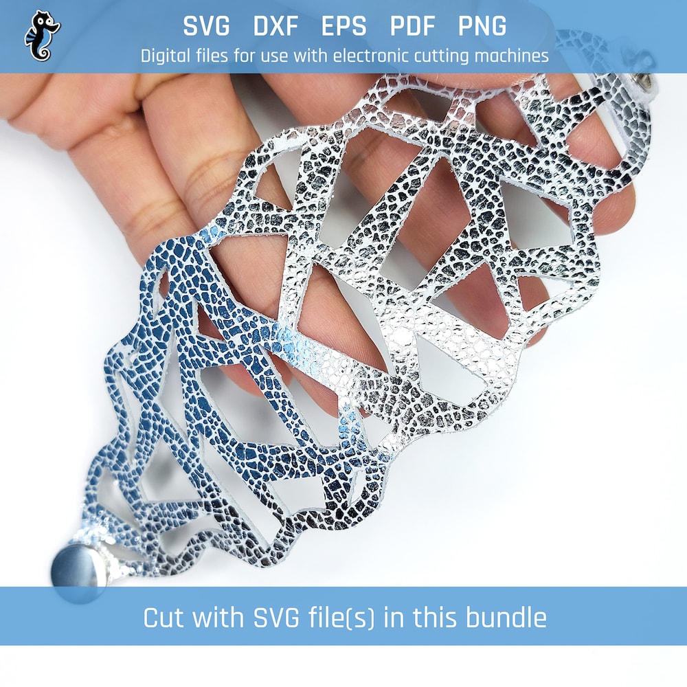 Assorted pattern bracelet bundle demo 2 Example of a leather bracelet cut from an SVG design file in this bundle. The design is features a strobe light pattern.