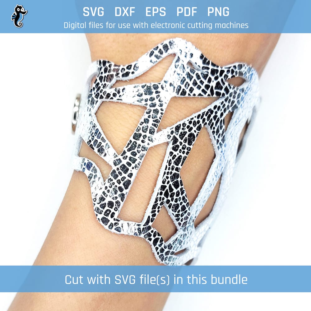 Assorted pattern bracelet bundle demo 5 Example of a leather bracelet cut from an SVG design file in this bundle. The design is features a strobe light pattern.