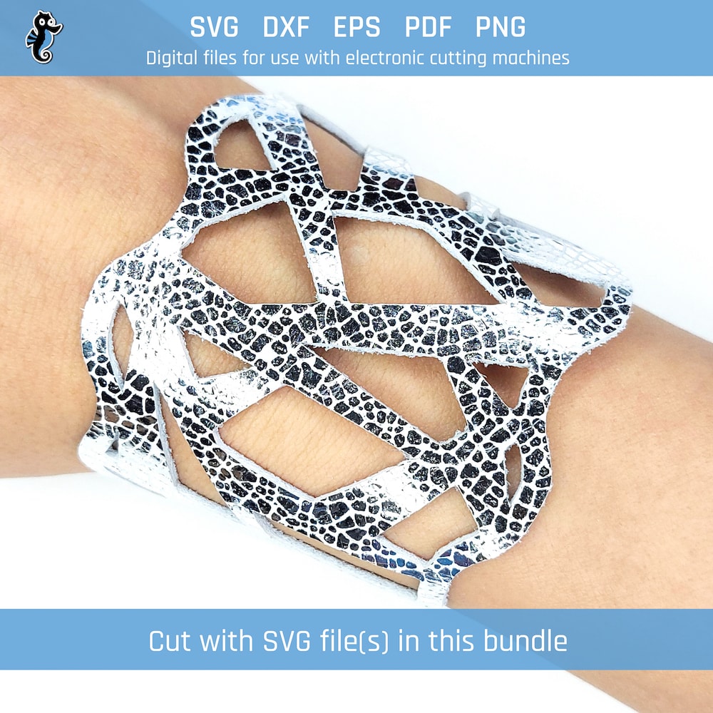 Assorted pattern bracelet bundle demo 1 Example of a leather bracelet cut from an SVG design file in this bundle. The design is features a strobe light pattern.